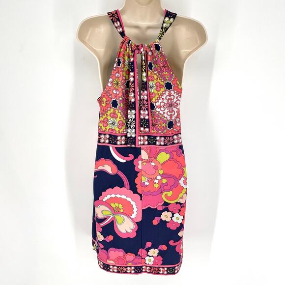 Trina Turk Floral Halter Mini Dress Sz 4 Lined Pink Navy Peach Retro Stretch - Picture 5 of 11